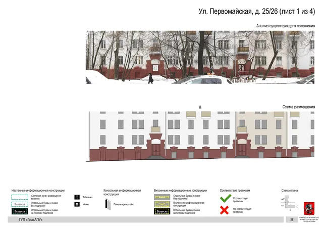Архитектурная концепция размещения вывесок — Первомайская улица, 25/26, Москва, лист 1 из 4 · Документ по адресу · Архитектурно-художественная концепция