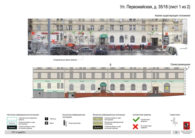 Архитектурная концепция размещения вывесок — Первомайская улица, 35/18, Москва, лист 1 из 2 · Документ по адресу · Архитектурно-художественная концепция
