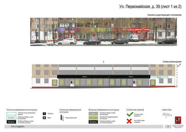 Архитектурная концепция размещения вывесок — Первомайская улица, 39, Москва, лист 1 из 2 · Документ по адресу · Архитектурно-художественная концепция