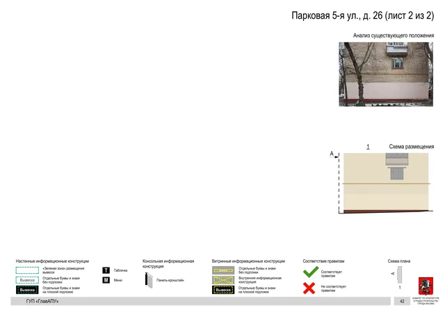 Архитектурная концепция размещения вывесок — Парковая 5-я улица, 26, Москва, лист 2 из 2 · Документ по адресу · Архитектурно-художественная концепция