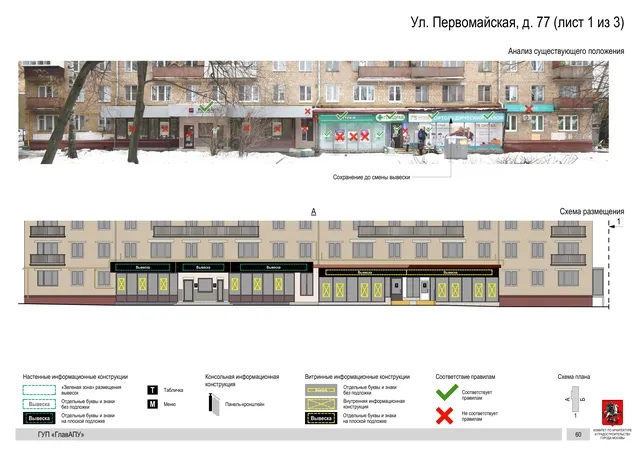 Архитектурная концепция размещения вывесок — Первомайская улица, 77, Москва, лист 1 из 3 · Документ по адресу · Архитектурно-художественная концепция