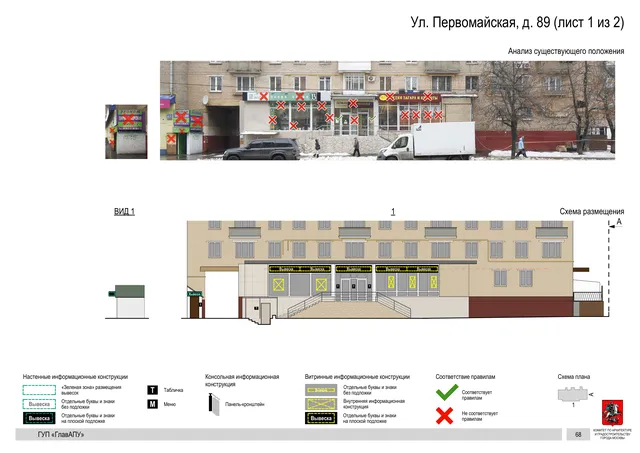 Архитектурная концепция размещения вывесок — Первомайская улица, 89, Москва, лист 1 из 2 · Документ по адресу · Архитектурно-художественная концепция