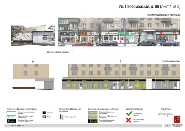 Архитектурная концепция размещения вывесок — Первомайская улица, 99, Москва, лист 1 из 3 · Документ по адресу · Архитектурно-художественная концепция