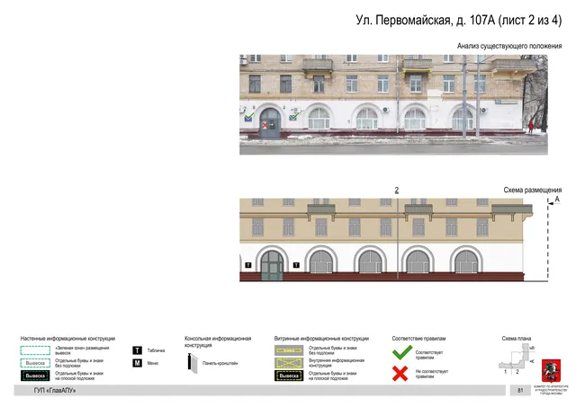 Архитектурная концепция размещения вывесок — Первомайская улица, 107А, Москва, лист 2 из 4 · Документ по адресу · Архитектурно-художественная концепция