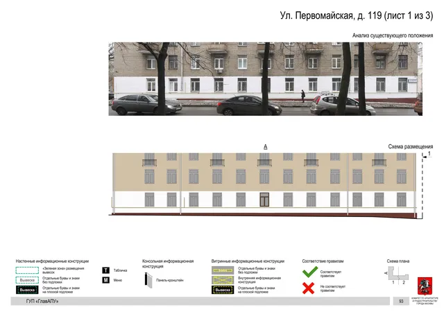 Архитектурная концепция размещения вывесок — Первомайская улица, 119, Москва, лист 1 из 3 · Документ по адресу · Архитектурно-художественная концепция