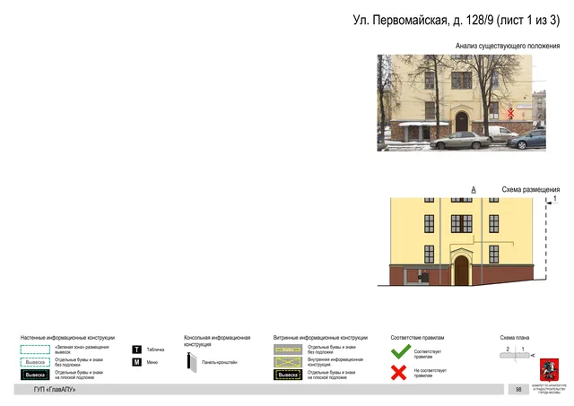 Архитектурная концепция размещения вывесок — Первомайская улица, 128/9, Москва, лист 1 из 3 · Документ по адресу · Архитектурно-художественная концепция
