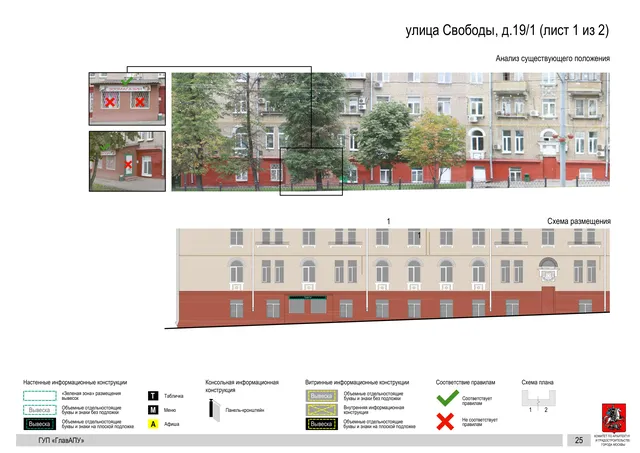 Архитектурная концепция размещения вывесок — Свободы улица, 19/1, Москва, лист 1 из 2 · Документ по адресу · Архитектурно-художественная концепция · 2016 год