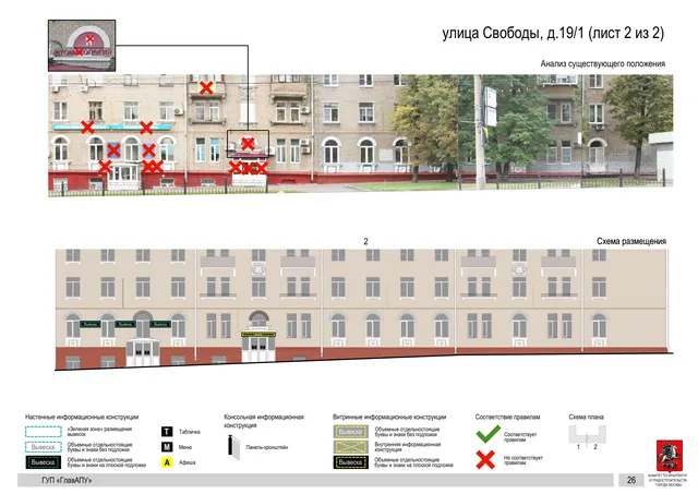 Архитектурная концепция размещения вывесок — Свободы улица, 19/1, Москва, лист 2 из 2 · Документ по адресу · Архитектурно-художественная концепция · 2016 год