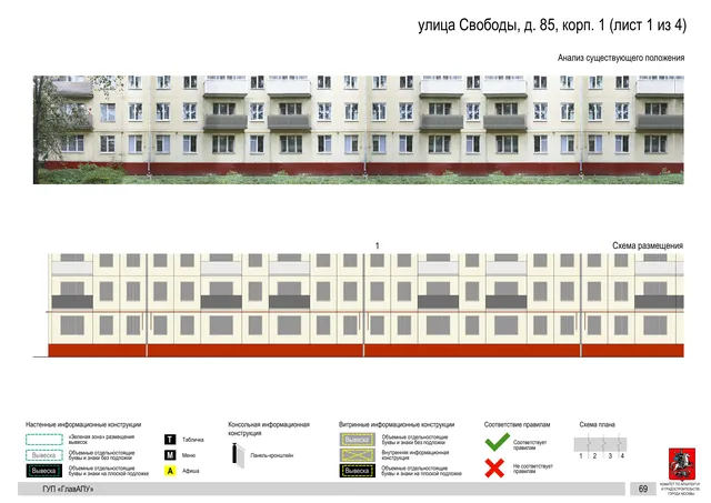 Архитектурная концепция размещения вывесок — Свободы улица, 85, корп. 1, Москва, лист 1 из 4 · Документ по адресу · Архитектурно-художественная концепция · 2016 год