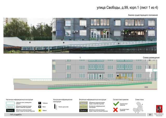 Архитектурная концепция размещения вывесок — Свободы улица, 99, корп. 1, Москва, лист 1 из 4 · Документ по адресу · Архитектурно-художественная концепция · 2016 год