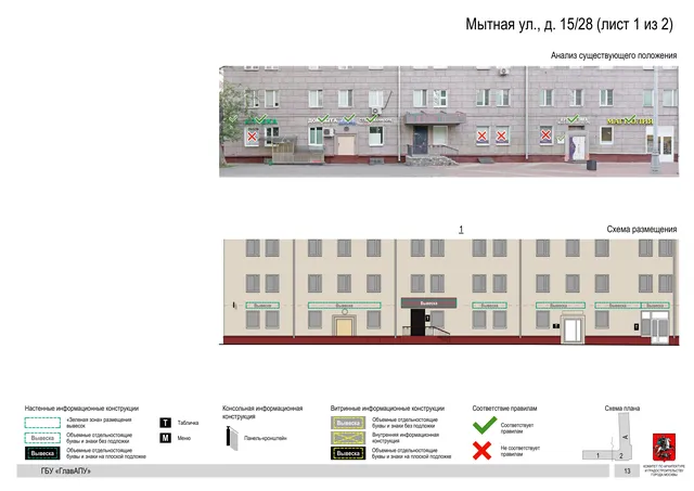 Архитектурная концепция размещения вывесок — Мытная улица, 15/28, Москва, лист 1 из 2 · Документ по адресу · Архитектурно-художественная концепция · 2019 год