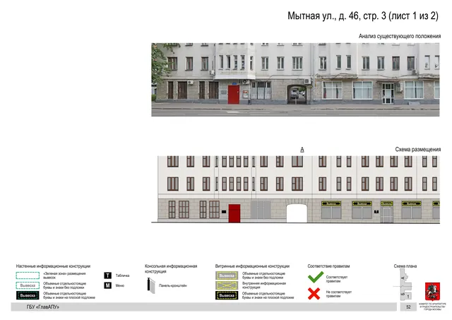 Архитектурная концепция размещения вывесок — Мытная улица, 46, стр. 3, Москва, лист 1 из 2 · Документ по адресу · Архитектурно-художественная концепция · 2019 год