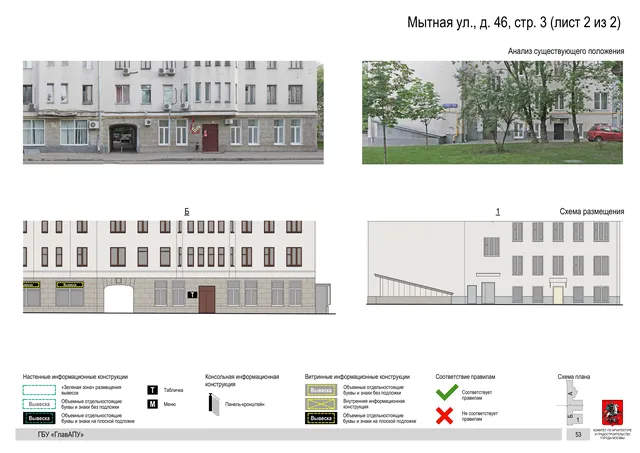 Архитектурная концепция размещения вывесок — Мытная улица, 46, стр. 3, Москва, лист 2 из 2 · Документ по адресу · Архитектурно-художественная концепция · 2019 год