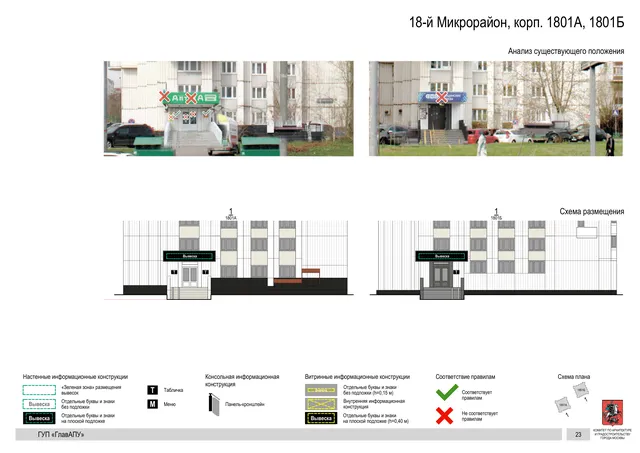 Архитектурная концепция размещения вывесок — 18-й микрорайон, корп. 1801Б, Москва, страница PDF 23 · Документ по адресу · Архитектурно-художественная концепция · 2016 год