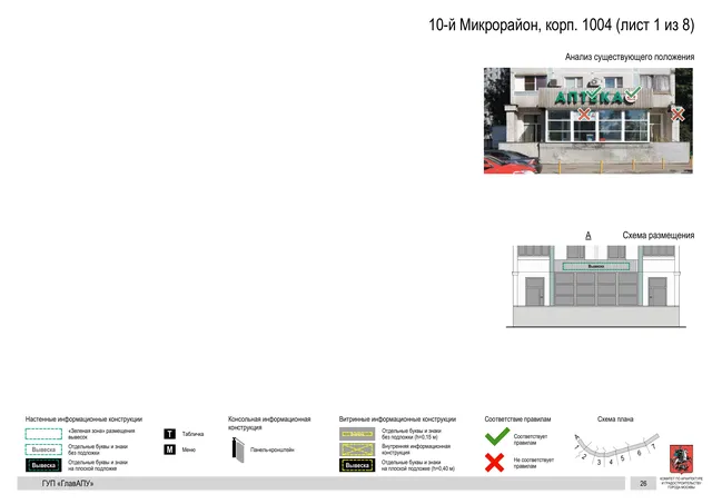 Архитектурная концепция размещения вывесок — 10-й микрорайон, корп. 1004, Москва, лист 1 из 8 · Документ по адресу · Архитектурно-художественная концепция · 2016 год