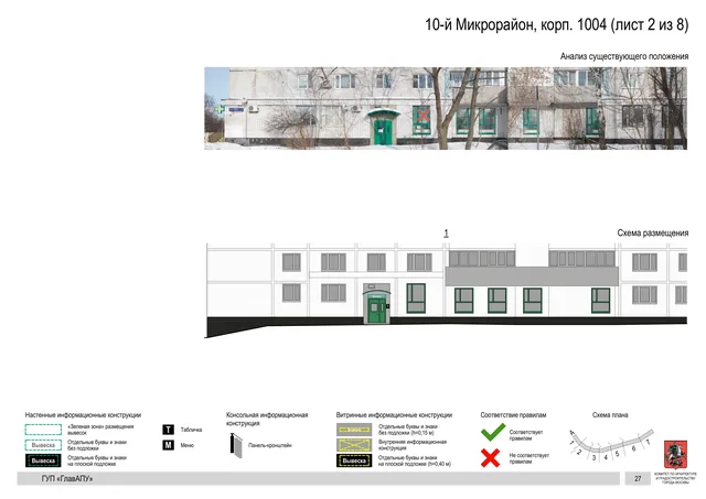 Архитектурная концепция размещения вывесок — 10-й микрорайон, корп. 1004, Москва, лист 2 из 8 · Документ по адресу · Архитектурно-художественная концепция · 2016 год