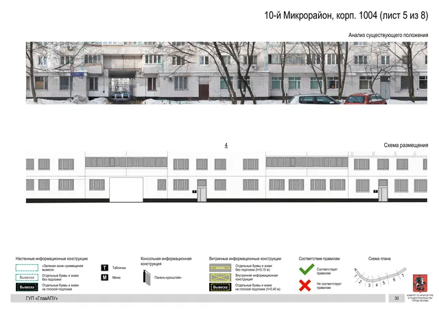 Архитектурная концепция размещения вывесок — 10-й микрорайон, корп. 1004, Москва, лист 5 из 8 · Документ по адресу · Архитектурно-художественная концепция · 2016 год