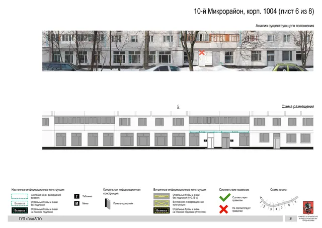 Архитектурная концепция размещения вывесок — 10-й микрорайон, корп. 1004, Москва, лист 6 из 8 · Документ по адресу · Архитектурно-художественная концепция · 2016 год