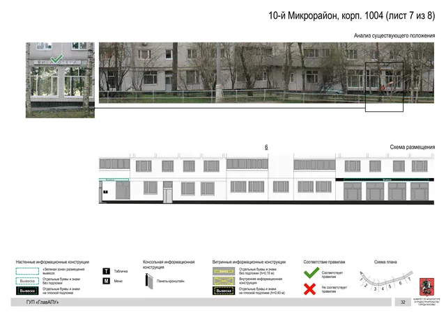 Архитектурная концепция размещения вывесок — 10-й микрорайон, корп. 1004, Москва, лист 7 из 8 · Документ по адресу · Архитектурно-художественная концепция · 2016 год