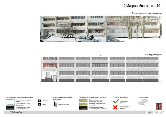 Архитектурная концепция размещения вывесок — 11-й микрорайон, корп. 1101, Москва, страница PDF 42 · Документ по адресу · Архитектурно-художественная концепция · 2016 год