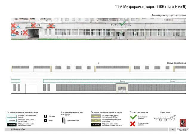 Архитектурная концепция размещения вывесок — 11-й микрорайон, корп. 1106, Москва, лист 6 из 9 · Документ по адресу · Архитектурно-художественная концепция · 2016 год