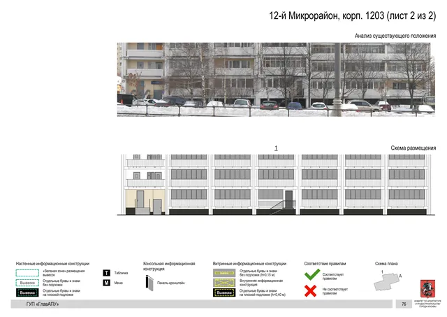 Архитектурная концепция размещения вывесок — 12-й микрорайон, корп. 1203, Москва, лист 2 из 2 · Документ по адресу · Архитектурно-художественная концепция · 2016 год