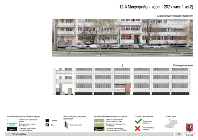 Архитектурная концепция размещения вывесок — 12-й микрорайон, корп. 1202, Москва, лист 1 из 2 · Документ по адресу · Архитектурно-художественная концепция · 2016 год