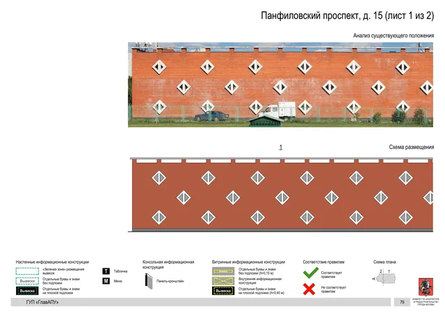Архитектурная концепция размещения вывесок — Панфиловский проспект, 15, Москва, лист 1 из 2 · Документ по адресу · Архитектурно-художественная концепция · 2016 год