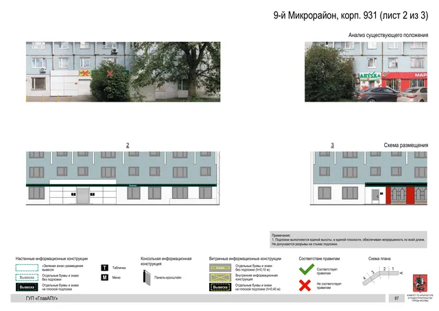 Архитектурная концепция размещения вывесок — 9-й микрорайон, корп. 931, Москва, лист 2 из 3 · Документ по адресу · Архитектурно-художественная концепция · 2016 год