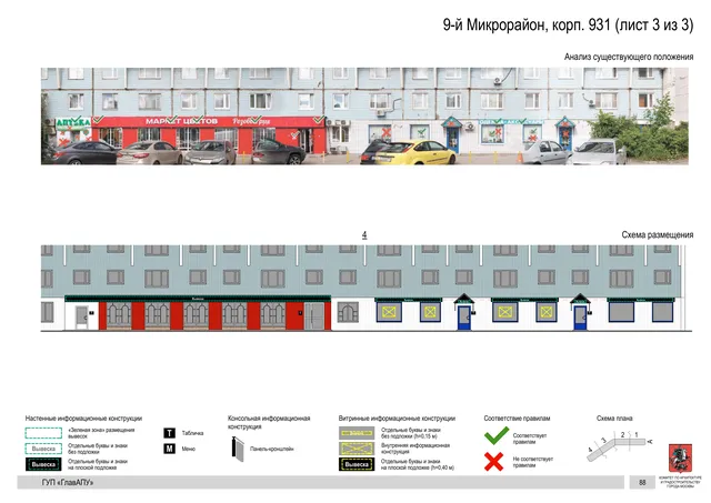 Архитектурная концепция размещения вывесок — 9-й микрорайон, корп. 931, Москва, лист 3 из 3 · Документ по адресу · Архитектурно-художественная концепция · 2016 год