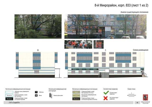 Архитектурная концепция размещения вывесок — 8-й микрорайон, корп. 833, Москва, лист 1 из 2 · Документ по адресу · Архитектурно-художественная концепция · 2016 год
