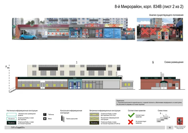 Архитектурная концепция размещения вывесок — 8-й микрорайон, корп. 834В, Москва, лист 2 из 2 · Документ по адресу · Архитектурно-художественная концепция · 2016 год