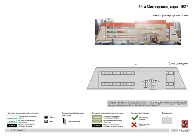 Архитектурная концепция размещения вывесок — 16-й микрорайон, корп. 1637, Москва, страница PDF 99 · Документ по адресу · Архитектурно-художественная концепция · 2016 год