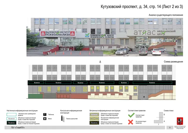 Архитектурная концепция размещения вывесок — Кутузовский проспект, 34, стр. 14, Москва, лист 2 из 3 · Документ по адресу · Архитектурно-художественная концепция · 2020 год