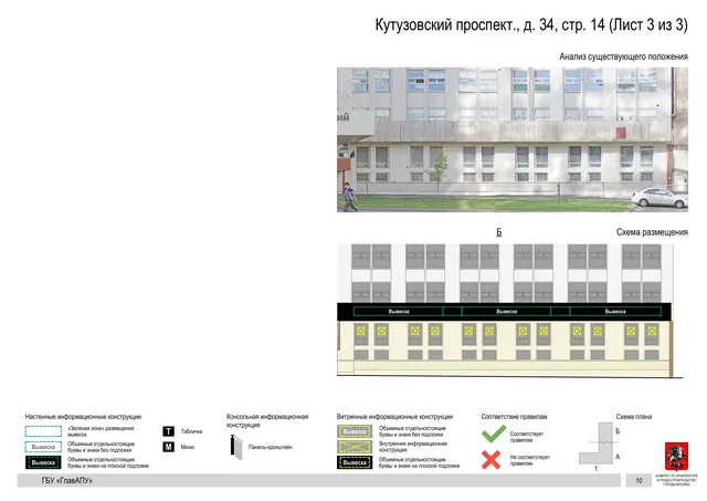 Архитектурная концепция размещения вывесок — Кутузовский проспект, 34, стр. 14, Москва, лист 3 из 3 · Документ по адресу · Архитектурно-художественная концепция · 2020 год