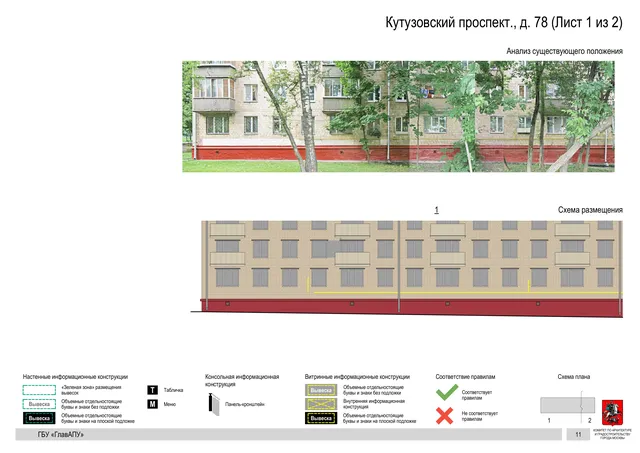 Архитектурная концепция размещения вывесок — Кутузовский проспект, 78, Москва, лист 1 из 2 · Документ по адресу · Архитектурно-художественная концепция · 2020 год