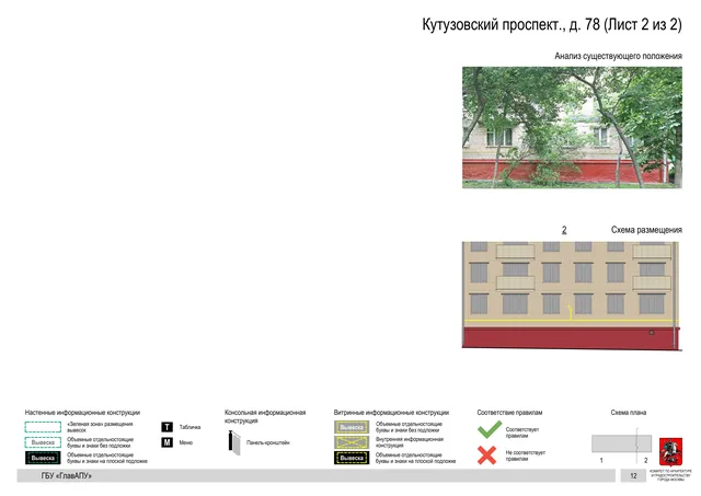 Архитектурная концепция размещения вывесок — Кутузовский проспект, 78, Москва, лист 2 из 2 · Документ по адресу · Архитектурно-художественная концепция · 2020 год