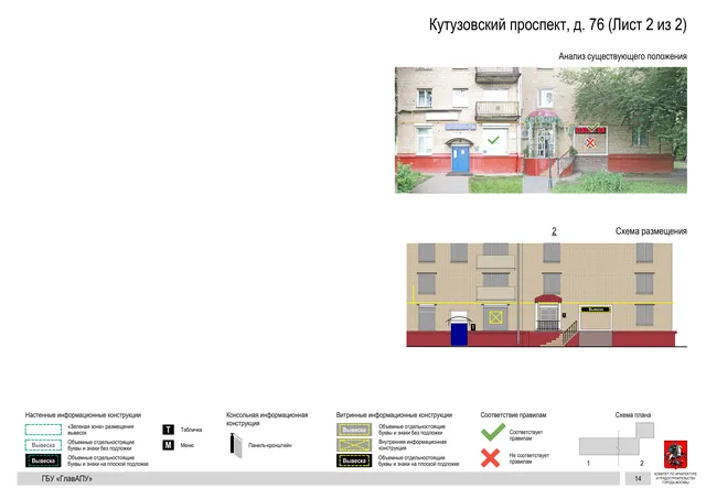 Архитектурная концепция размещения вывесок — Кутузовский проспект, 76, Москва, лист 2 из 2 · Документ по адресу · Архитектурно-художественная концепция · 2020 год