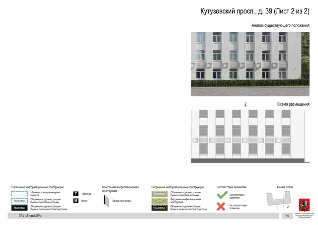Архитектурная концепция размещения вывесок — Кутузовский проспект, 39, Москва, лист 2 из 2 · Документ по адресу · Архитектурно-художественная концепция · 2020 год