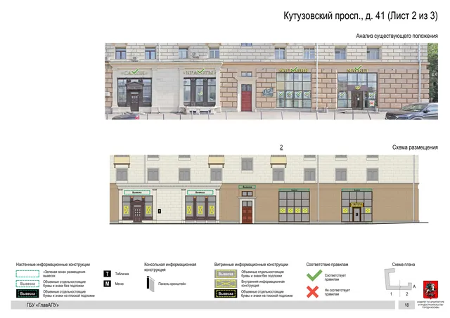 Архитектурная концепция размещения вывесок — Кутузовский проспект, 41, Москва, лист 2 из 3 · Документ по адресу · Архитектурно-художественная концепция · 2020 год