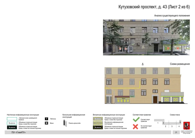 Архитектурная концепция размещения вывесок — Кутузовский проспект, 43, Москва, лист 2 из 6 · Документ по адресу · Архитектурно-художественная концепция · 2020 год