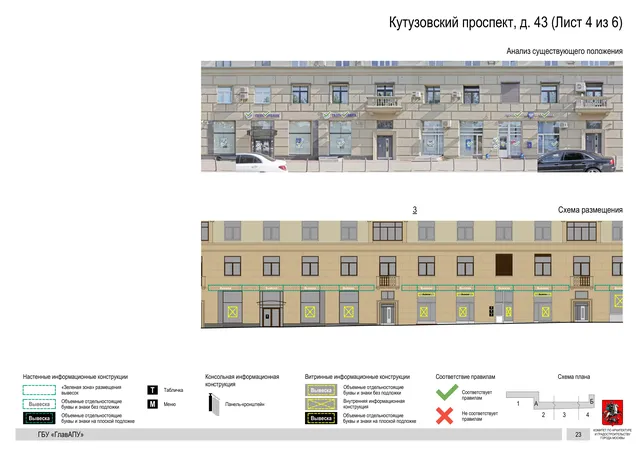 Архитектурная концепция размещения вывесок — Кутузовский проспект, 43, Москва, лист 4 из 6 · Документ по адресу · Архитектурно-художественная концепция · 2020 год