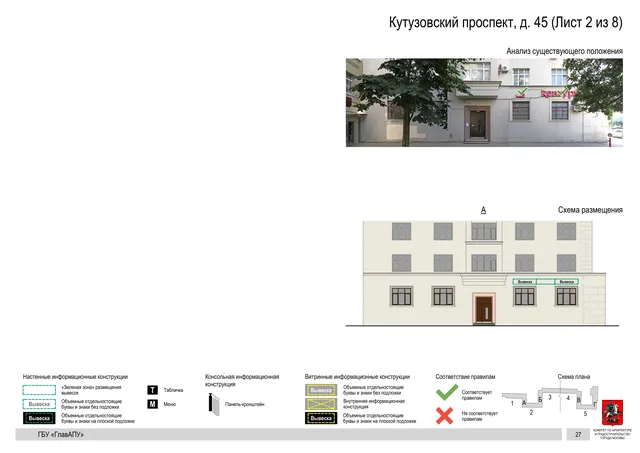 Архитектурная концепция размещения вывесок — Кутузовский проспект, 45, Москва, лист 2 из 8 · Документ по адресу · Архитектурно-художественная концепция · 2020 год