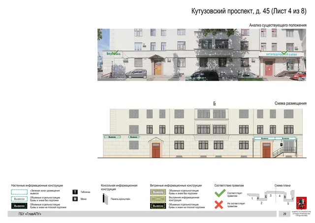 Архитектурная концепция размещения вывесок — Кутузовский проспект, 45, Москва, лист 4 из 8 · Документ по адресу · Архитектурно-художественная концепция · 2020 год
