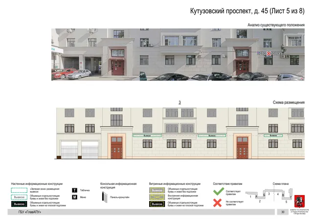 Архитектурная концепция размещения вывесок — Кутузовский проспект, 45, Москва, лист 5 из 8 · Документ по адресу · Архитектурно-художественная концепция · 2020 год