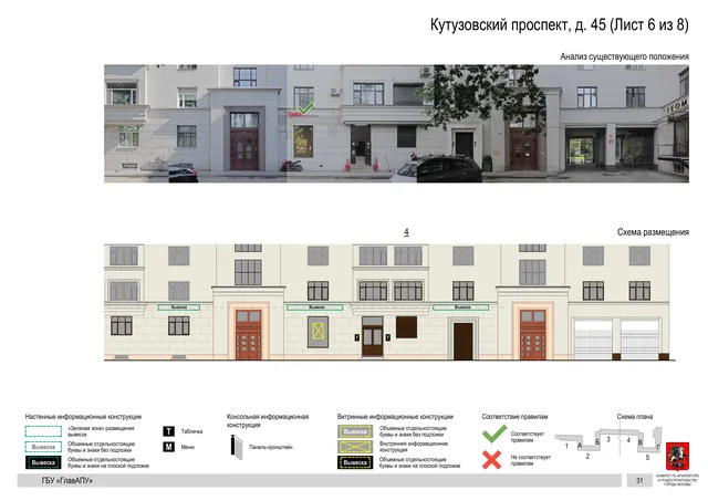 Архитектурная концепция размещения вывесок — Кутузовский проспект, 45, Москва, лист 6 из 8 · Документ по адресу · Архитектурно-художественная концепция · 2020 год