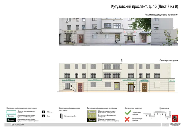 Архитектурная концепция размещения вывесок — Кутузовский проспект, 45, Москва, лист 7 из 8 · Документ по адресу · Архитектурно-художественная концепция · 2020 год