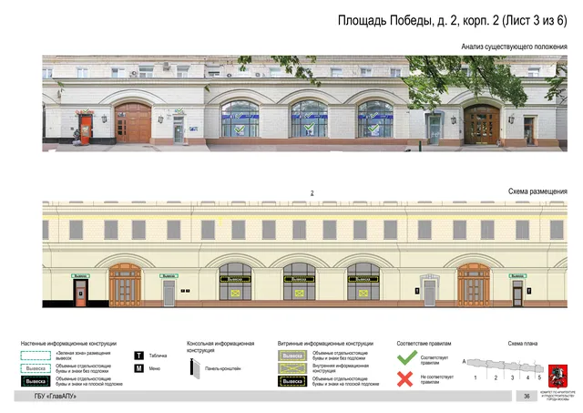 Архитектурная концепция размещения вывесок — Победы площадь, 2, корп. 2, Москва, лист 3 из 6 · Документ по адресу · Архитектурно-художественная концепция · 2020 год