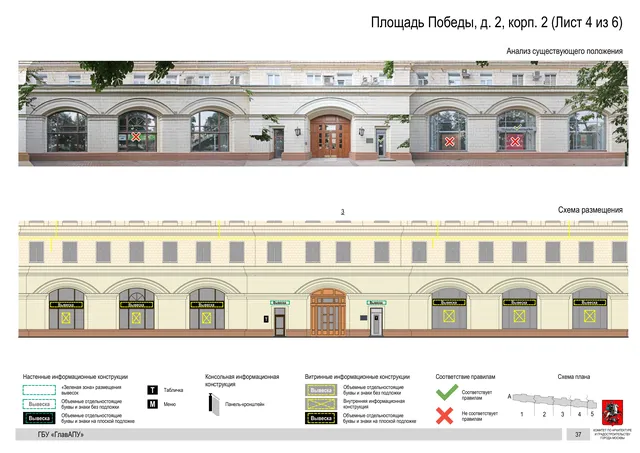 Архитектурная концепция размещения вывесок — Победы площадь, 2, корп. 2, Москва, лист 4 из 6 · Документ по адресу · Архитектурно-художественная концепция · 2020 год