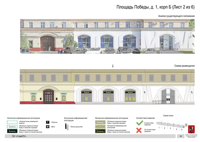 Архитектурная концепция размещения вывесок — Победы площадь, 1, корп. Б, Москва, лист 2 из 6 · Документ по адресу · Архитектурно-художественная концепция · 2020 год